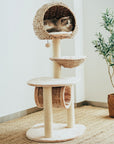 Left side of the Bird Nest Cat Tree with a cat resting in the top condo